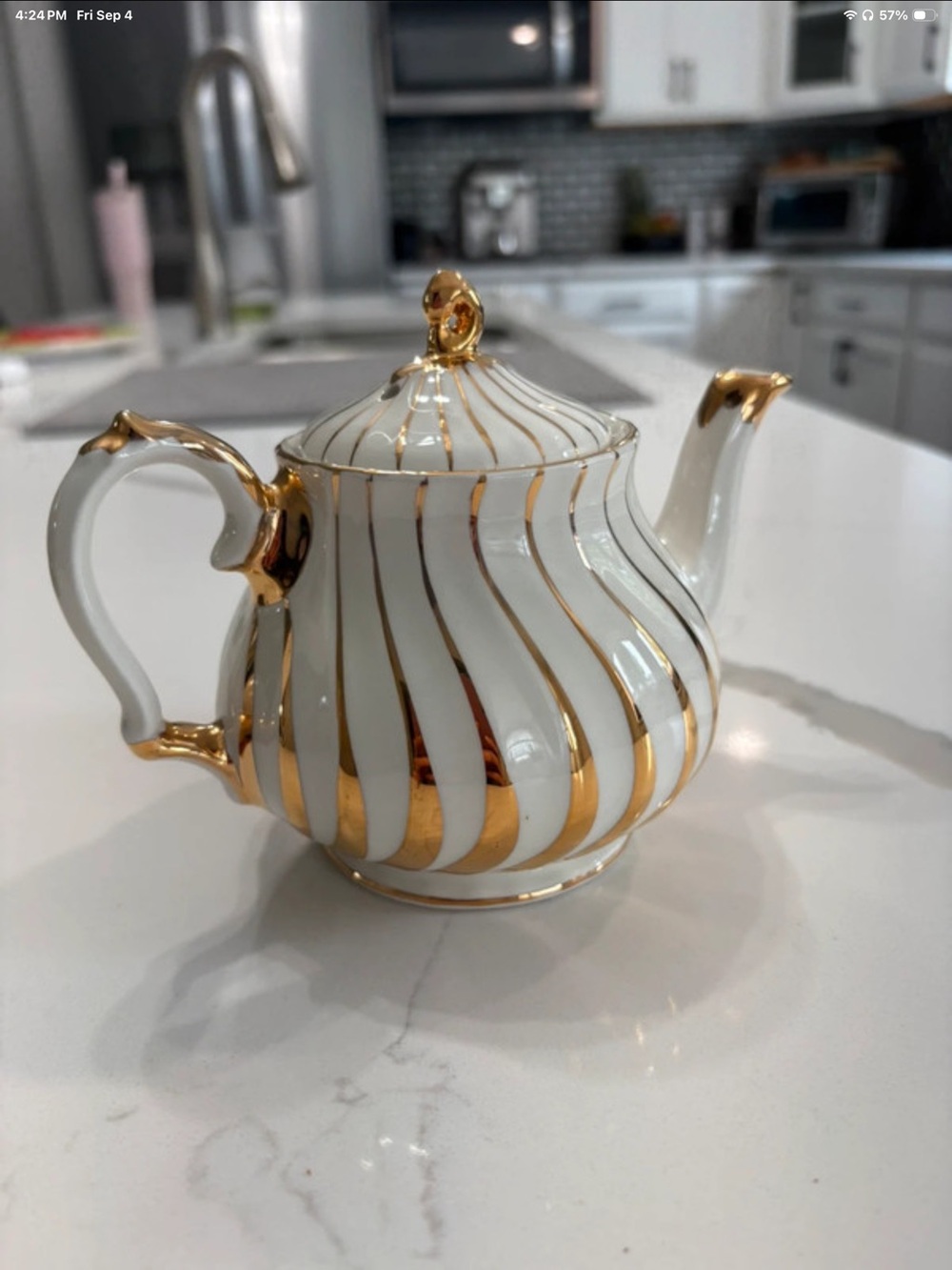 Sadler White and Gold Striped Porcelain Teapot